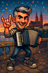 Arie in der Schweiz – vom Nachtzug aus Amsterdam zur Bühne deines Fäschts 6 Arie mitten in Basel – der holländische Musiker mit Quetsche bringt Fasnacht und Rhein zum Beben.