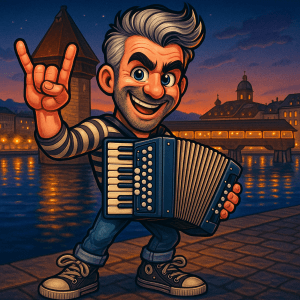 Arie in der Schweiz – vom Nachtzug aus Amsterdam zur Bühne deines Fäschts 5 Arie spielt mit seiner Quetsche auf der Kapellbrücke in Luzern – wo Pilatus und Partystimmung zusammen grooven.