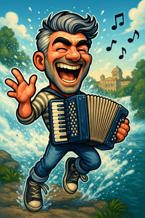 Arie in der Schweiz – vom Nachtzug aus Amsterdam zur Bühne deines Fäschts 7 Arie am Rheinfall – der holländische Musiker mit Quetsche rockt Schaffhausen mit Wasser, Witz und Beat.